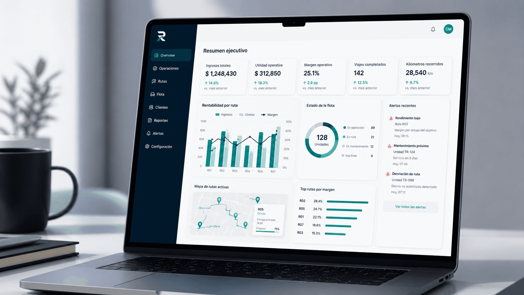 Mockup de dashboard de Ruta Control en una laptop